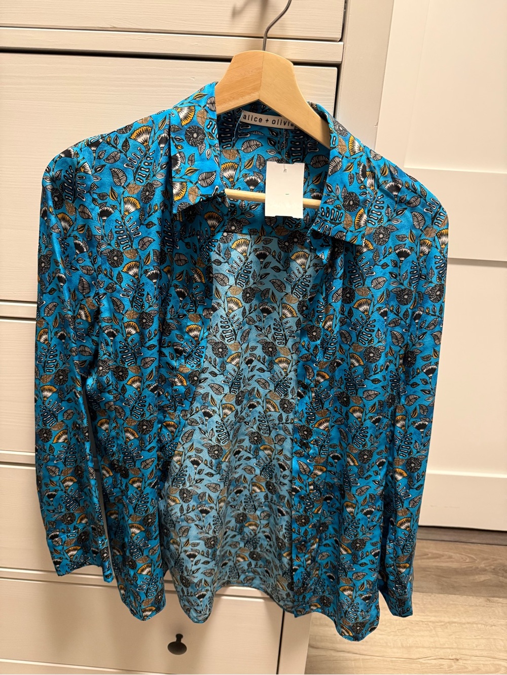 Alice + Olivia Silk Turquoise Floral-Print Button Shirt